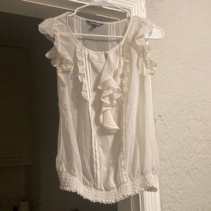 Express White Flowy Dress Shirt with Ruffle Detail and Stitched Bottom